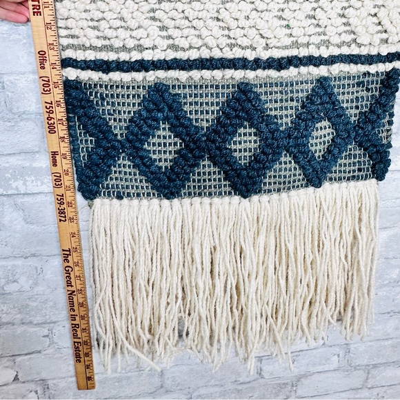 Boho Woven Wool Wall Hanging Tapestry Size 17" x 34" Cream Tan Blue Neutral - Picture 5 of 10